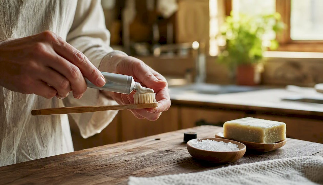 Hand applying natural toothpaste to toothbrush