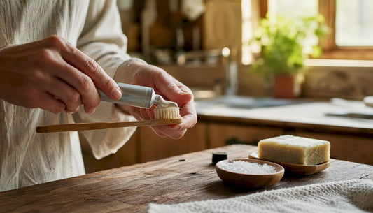 Hand applying natural toothpaste to toothbrush