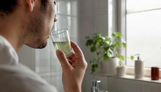 Hand holding glass of mouthwash near mouth