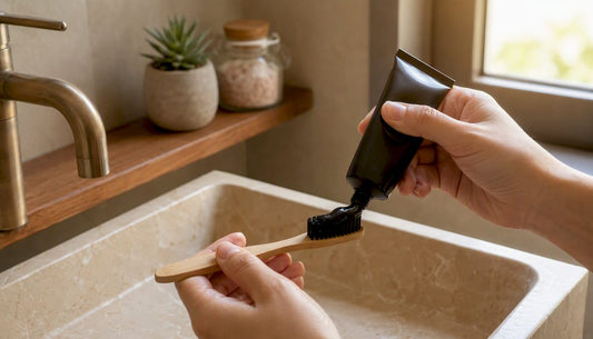 Hand applying charcoal toothpaste on toothbrush