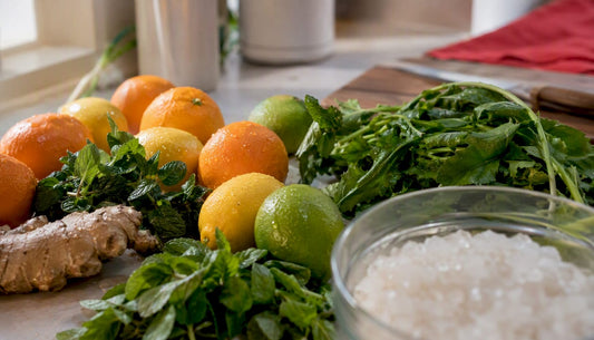 Fresh citrus and greens on bathroom counter