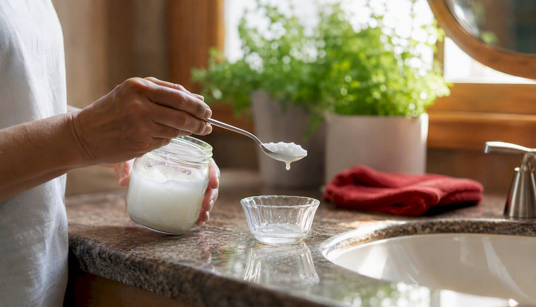 Hand holding spoon with coconut oil for pulling