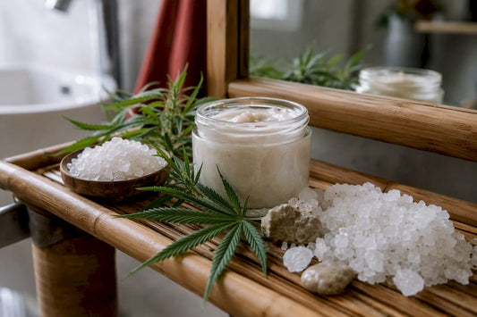 Natural oral care ingredients on bathroom shelf