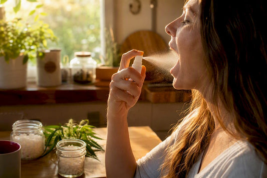 Applying natural oral spray for tooth root pain