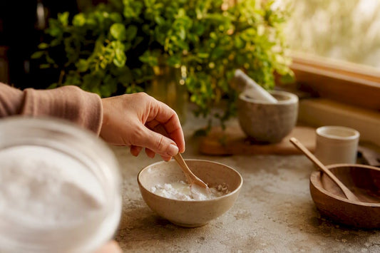 Hand holding natural whitening powder near bathroom sink