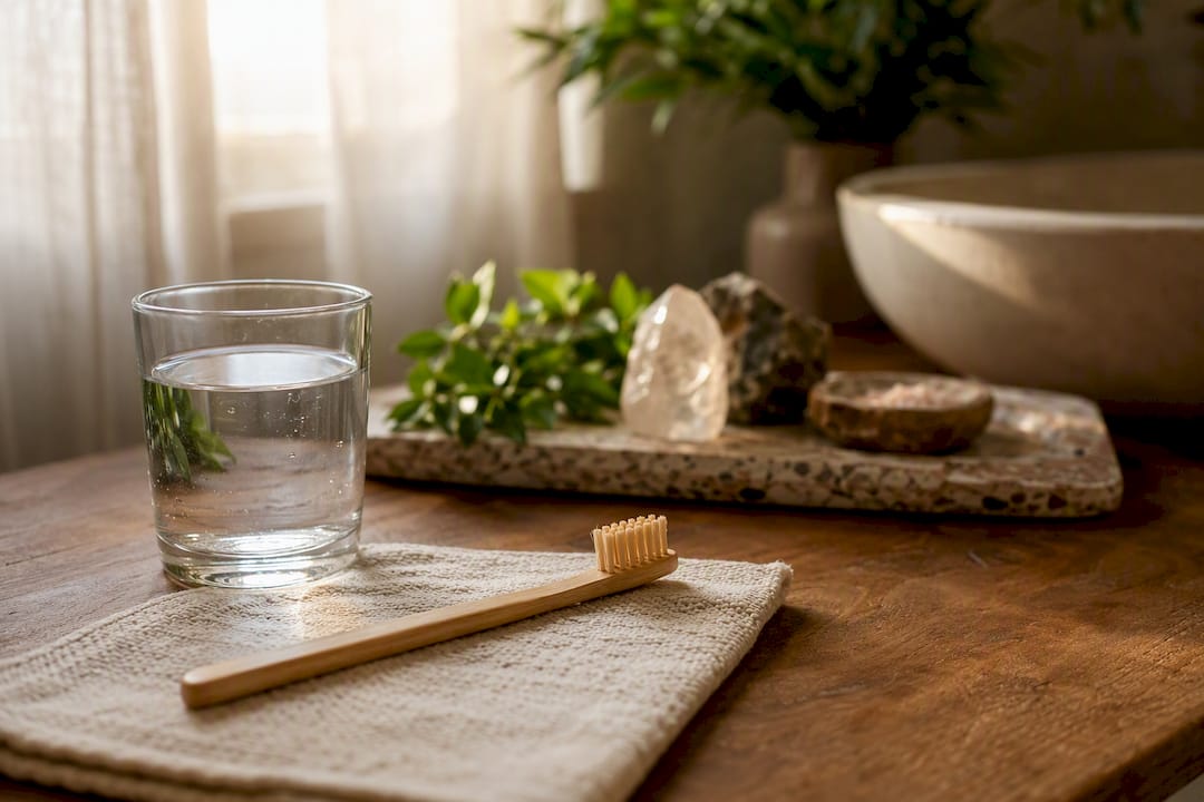 Toothbrush and water on bathroom countertop