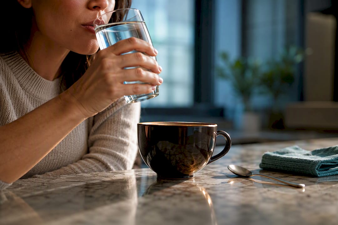 Coffee and water beside drinker's mouth