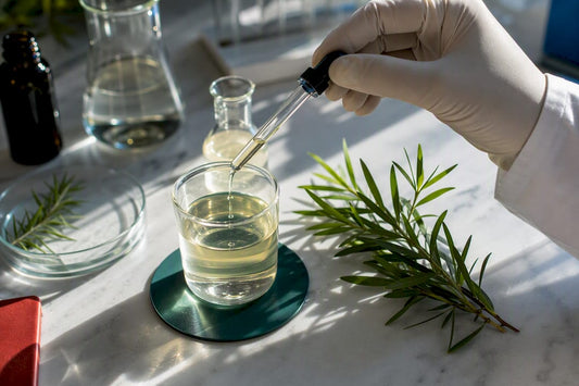 Diluted tea tree mouth rinse beside botanical sprigs