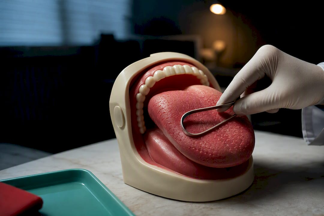 Clinician demonstrating gentle tongue cleaning technique