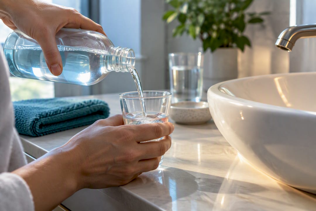 Pouring mouthwash beside a bathroom basin