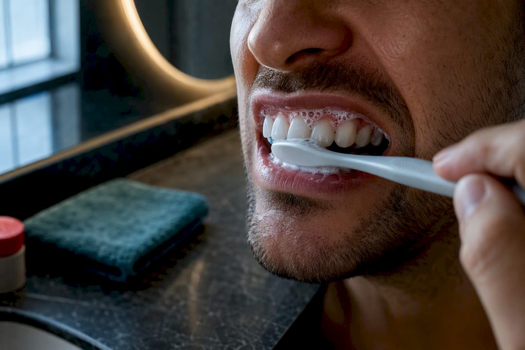 Foam gathering along gums during brushing