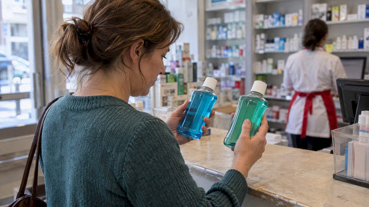 Woman comparing mouthwash ingredient labels