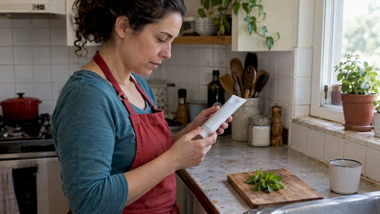 Buyer examining toothpaste beside stevia leaves