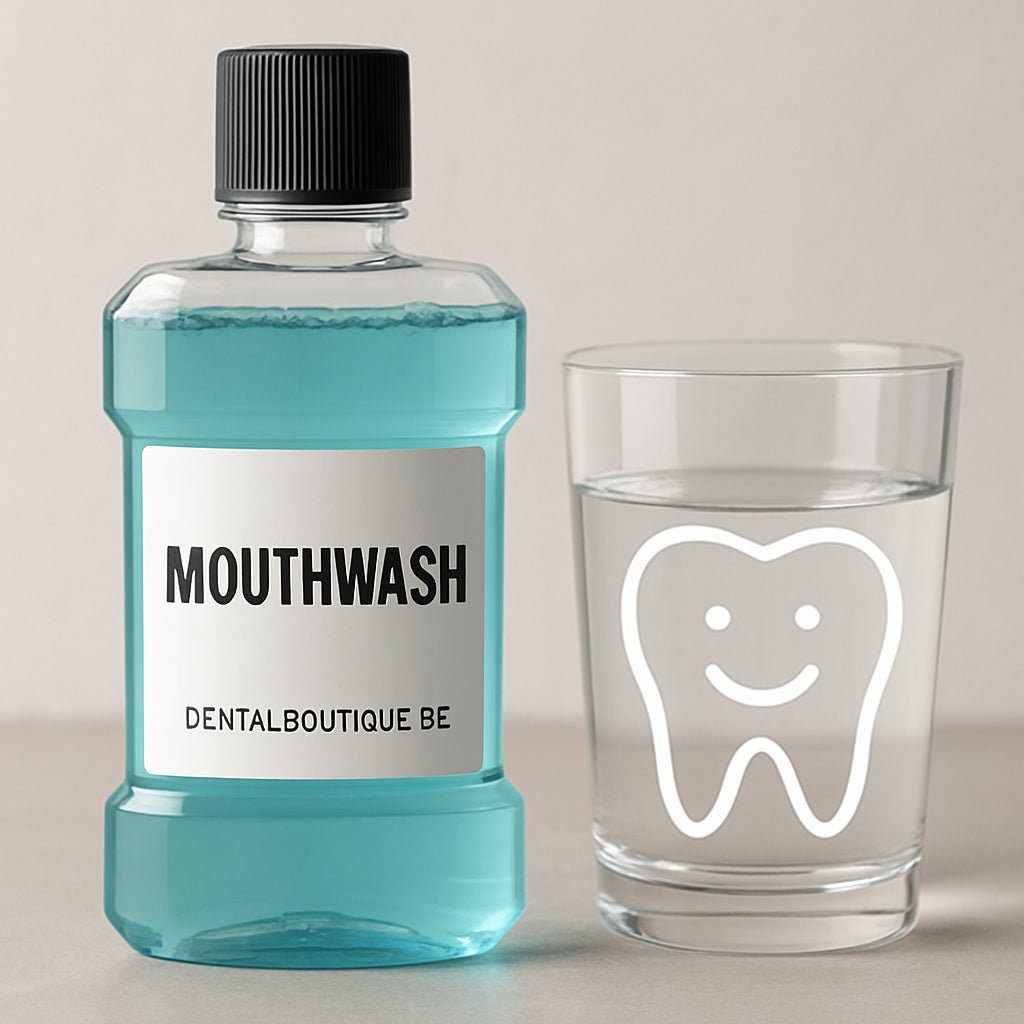 A close‑up of a modern mouthwash bottle beside a glass of water, with a subtle smiley face illustration overlay, suggesting a friendly mouth environment. Alt: Mouthwash bottle and water glass illustration.
