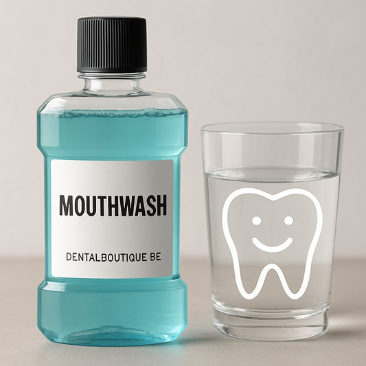 A close‑up of a modern mouthwash bottle beside a glass of water, with a subtle smiley face illustration overlay, suggesting a friendly mouth environment. Alt: Mouthwash bottle and water glass illustration.
