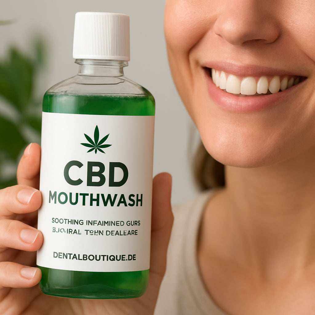 A close‑up of a smiling person holding a CBD‑infused mouthwash bottle, with fresh green leaves and a hint of dental floss in the background. Alt: CBD mouthwash soothing inflamed gums for healthier oral care