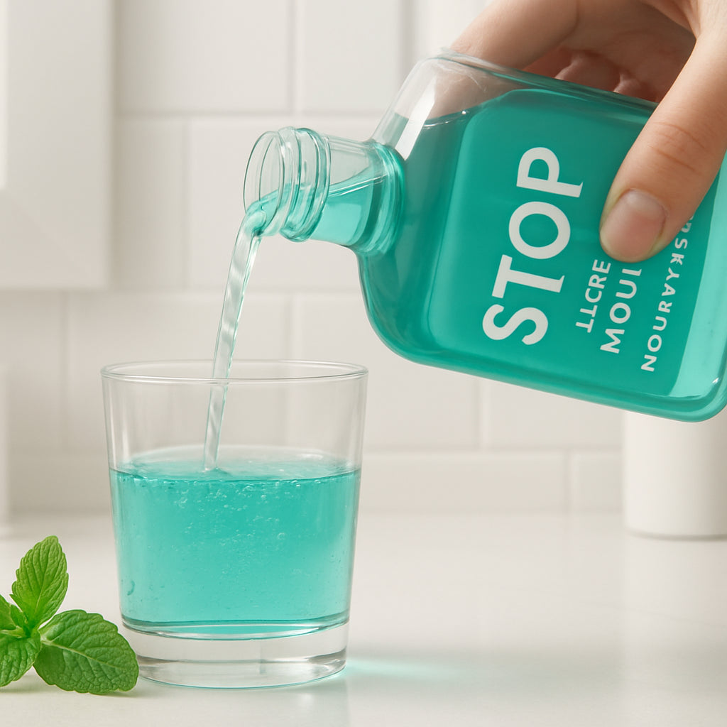 A photorealistic close‑up of a hand pouring alcohol‑free mouthwash into a glass, bright bathroom setting, showing fresh mint leaves and a sleek STOP bottle. Alt: alcohol free mouthwash benefits illustration.