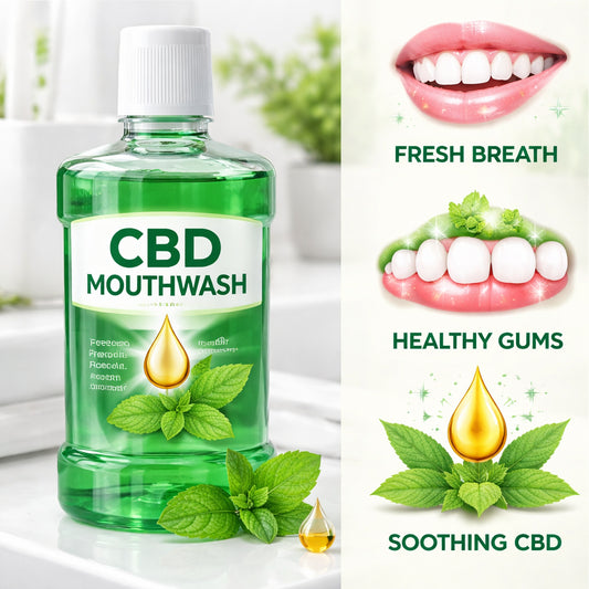cbd mouthwash benefits illustration showing fresh smile and healthy gums