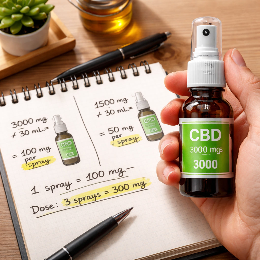 "CBD spray concentration comparison and dosage calculation illustration"