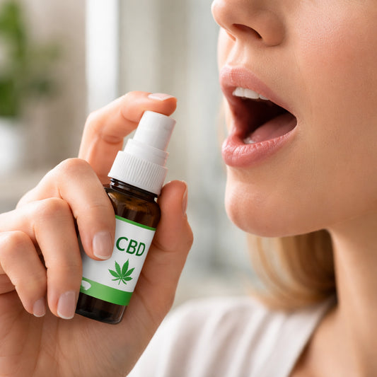 person preparing CBD oral spray for use