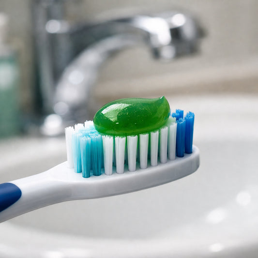 Pea-sized amount of marine algae toothpaste on a toothbrush for proper brushing technique.
