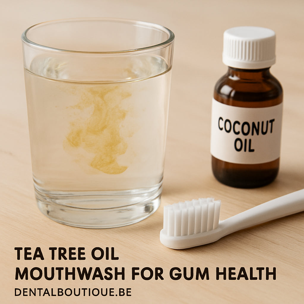 A close‑up of a glass of warm water with a few drops of tea tree oil swirling, next to a toothbrush and a small bottle of coconut oil. Alt: Tea tree oil mouthwash for gum health.