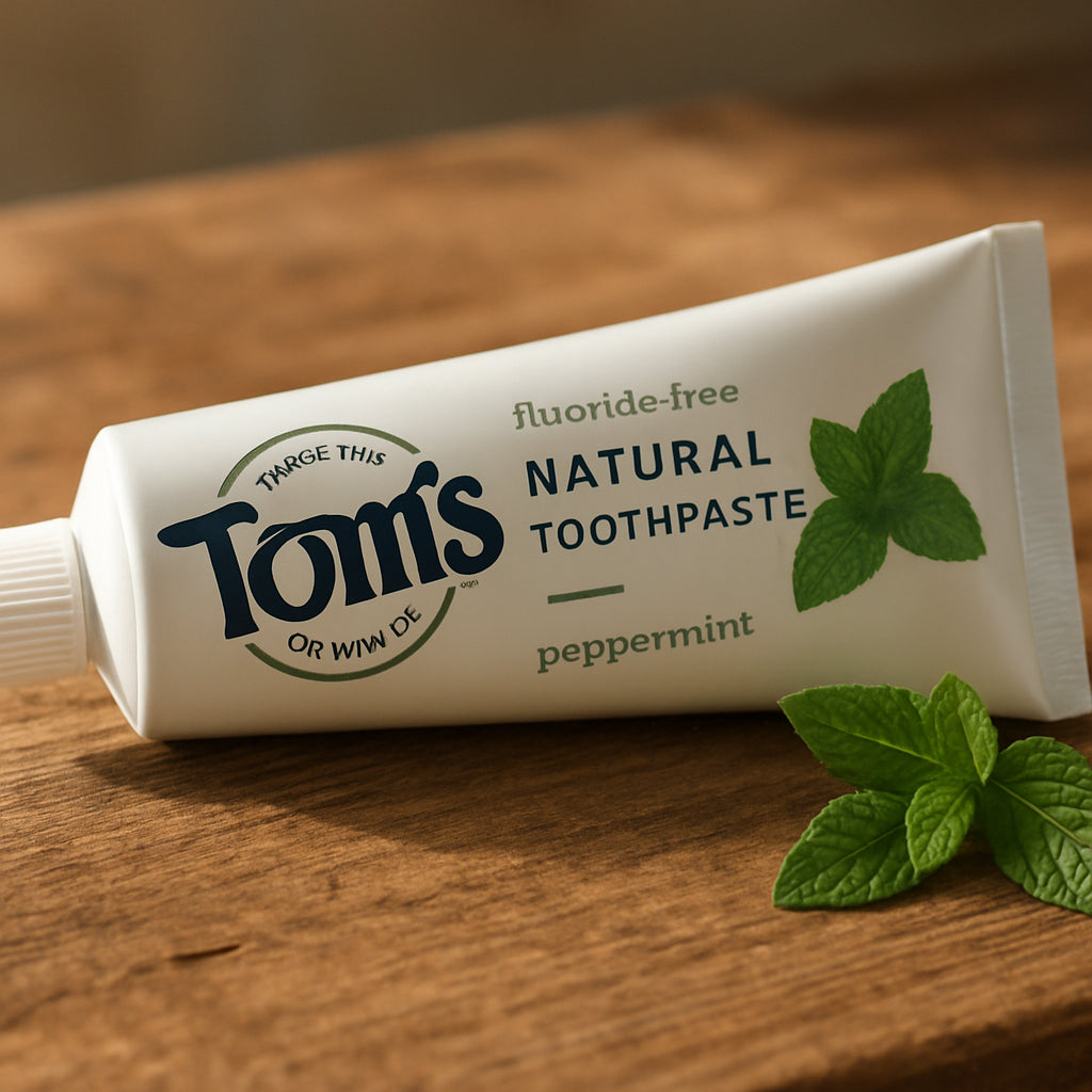 A close‑up of Tom’s of Maine Fluoride‑Free Toothpaste tube on a wooden bathroom shelf, with fresh mint leaves and a soft morning light. Alt: Tom’s of Maine natural fluoride‑free toothpaste on a rustic countertop.