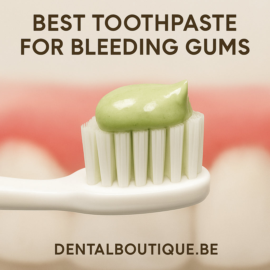 Close-up of a toothbrush with a dab of CBD toothpaste on the bristles, showing a pink gum line in the background. Alt: best toothpaste for bleeding gums illustration