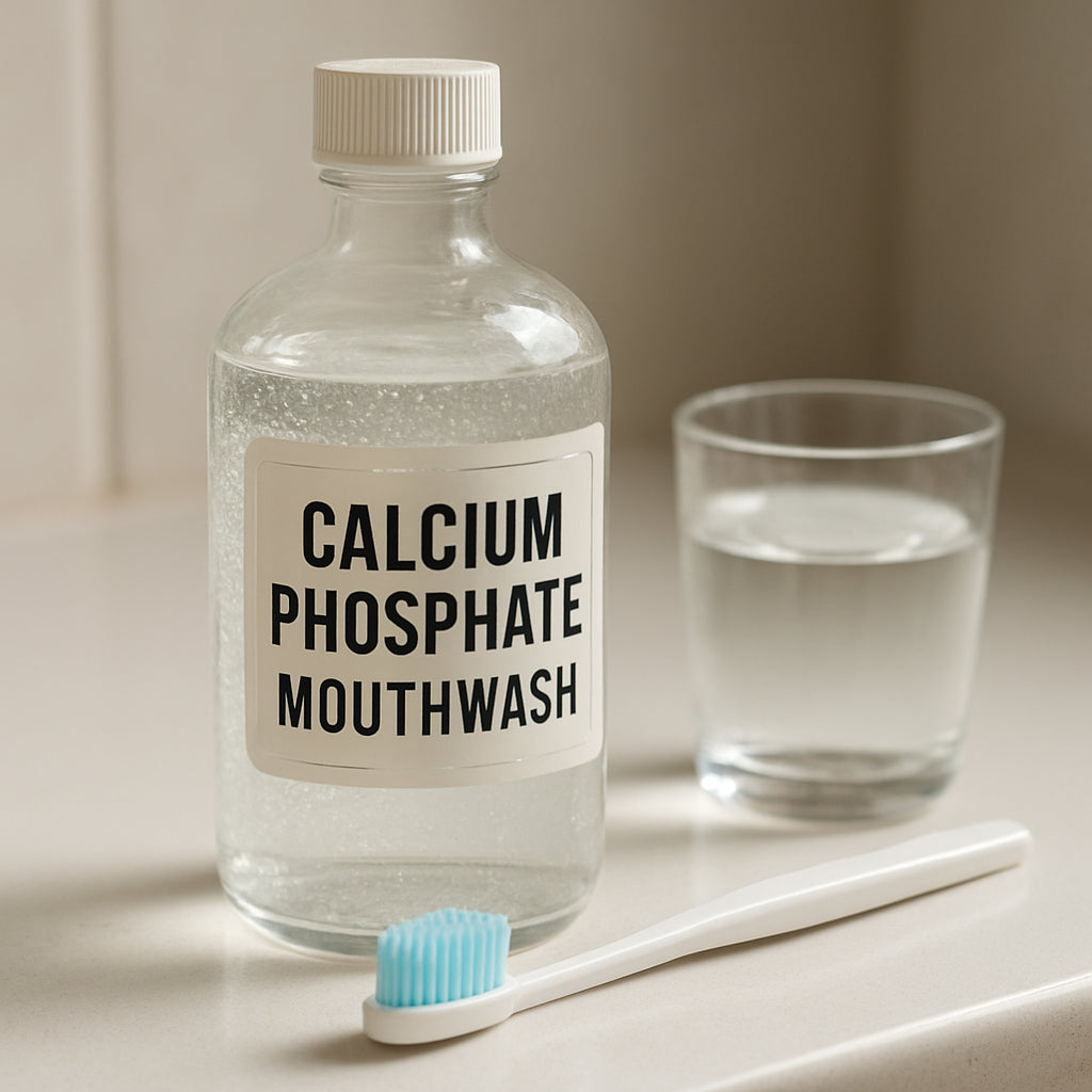 A photorealistic close‑up of a clear glass bottle labeled "Calcium Phosphate Mouthwash" beside a toothbrush and a small cup of water on a white bathroom countertop, soft natural lighting highlighting the liquid’s slight sparkle, realistic style.