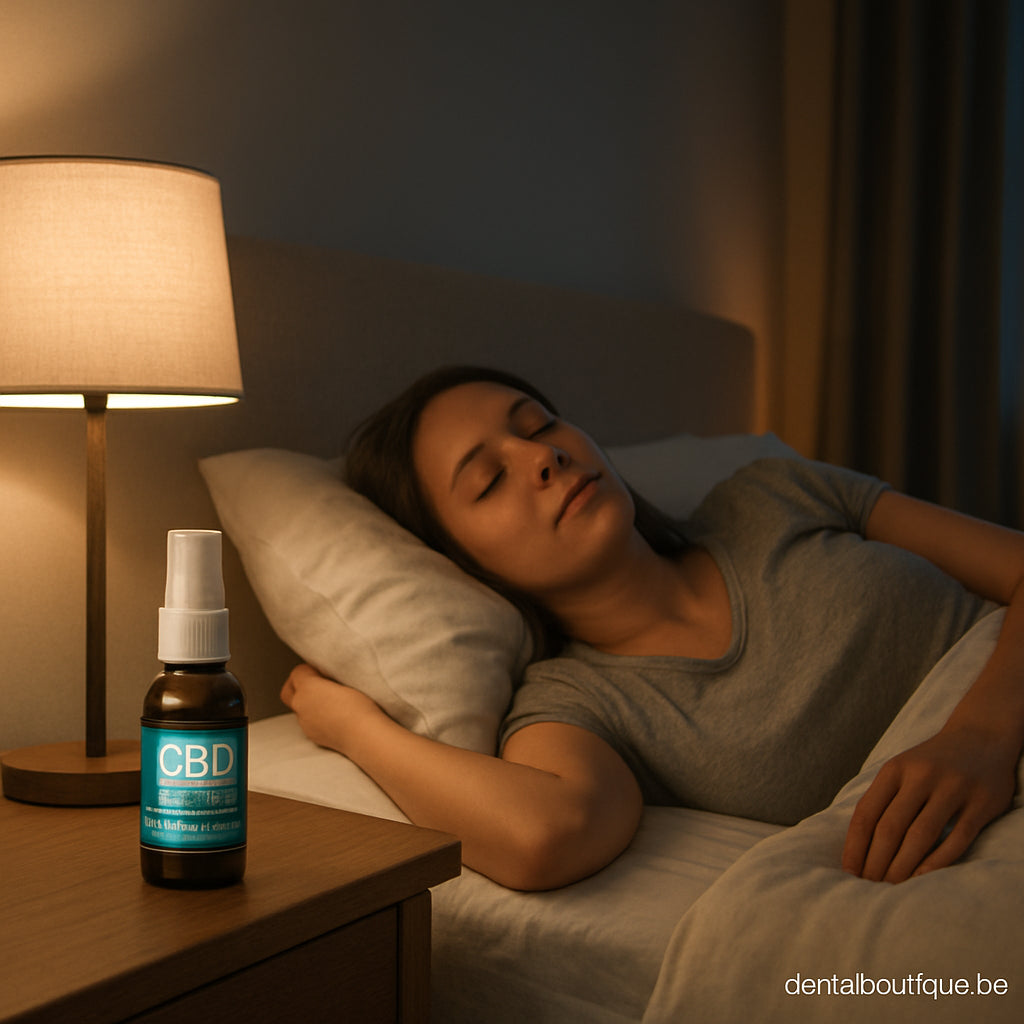 A serene bedroom scene with a person lying on their back, a small bottle of CBD oral spray on the nightstand, and a gentle night‑time lighting. Alt: CBD oral spray for jaw clenching relief at bedtime