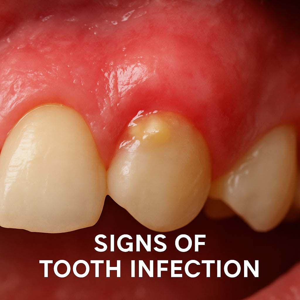 Close-up of a swollen gum with a tooth, showing signs of infection like redness and pus. Alt: CBD for tooth infection signs