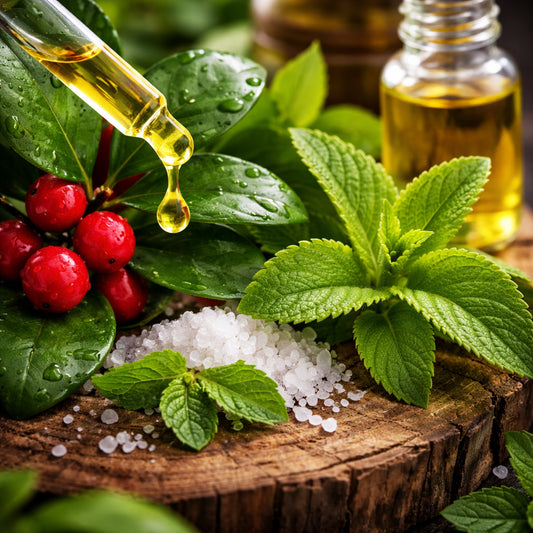 A realistic close‑up of natural ingredients like wintergreen leaves, stevia leaves, and a drop of CBD oil on a wooden surface. Alt: cbd mouthwash for morning breath natural ingredient illustration.