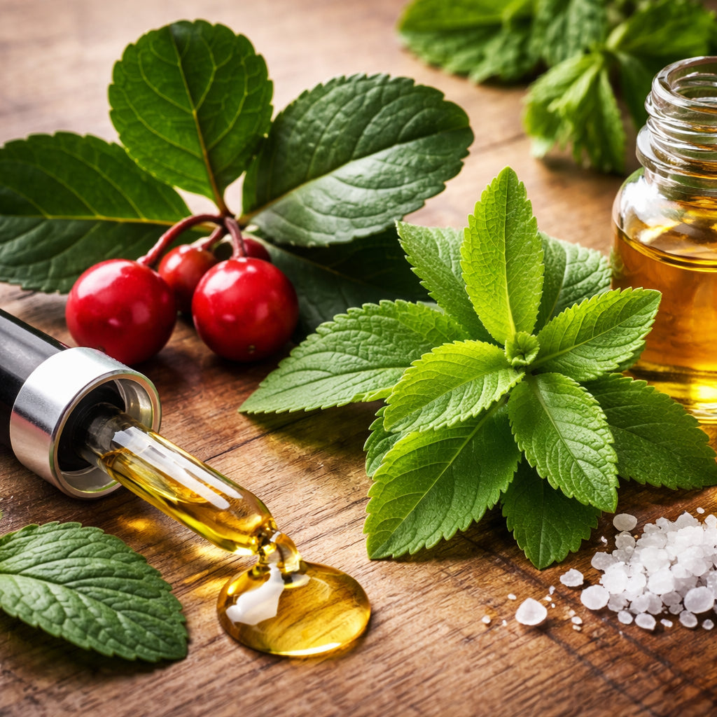 A realistic close‑up of natural ingredients such as wintergreen leaf, stevia leaves, and a drop of CBD oil on a wooden surface. Alt: natural CBD mouthwash ingredients for oral care