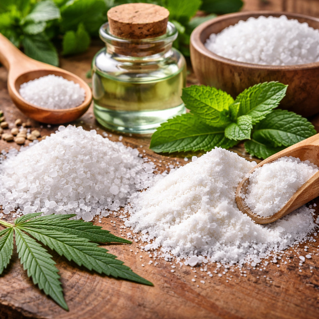 A realistic close‑up of natural ingredients like CBD isolate, xylitol crystals, and sea salt powders on a wooden surface. Alt: natural CBD mouthwash ingredients close‑up.