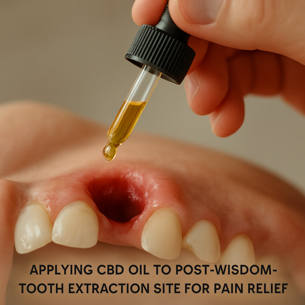 Close‑up of a hand holding a dropper above a fresh dental extraction socket, with soft natural lighting. Alt: Applying CBD oil to post‑wisdom‑tooth extraction site for pain relief.