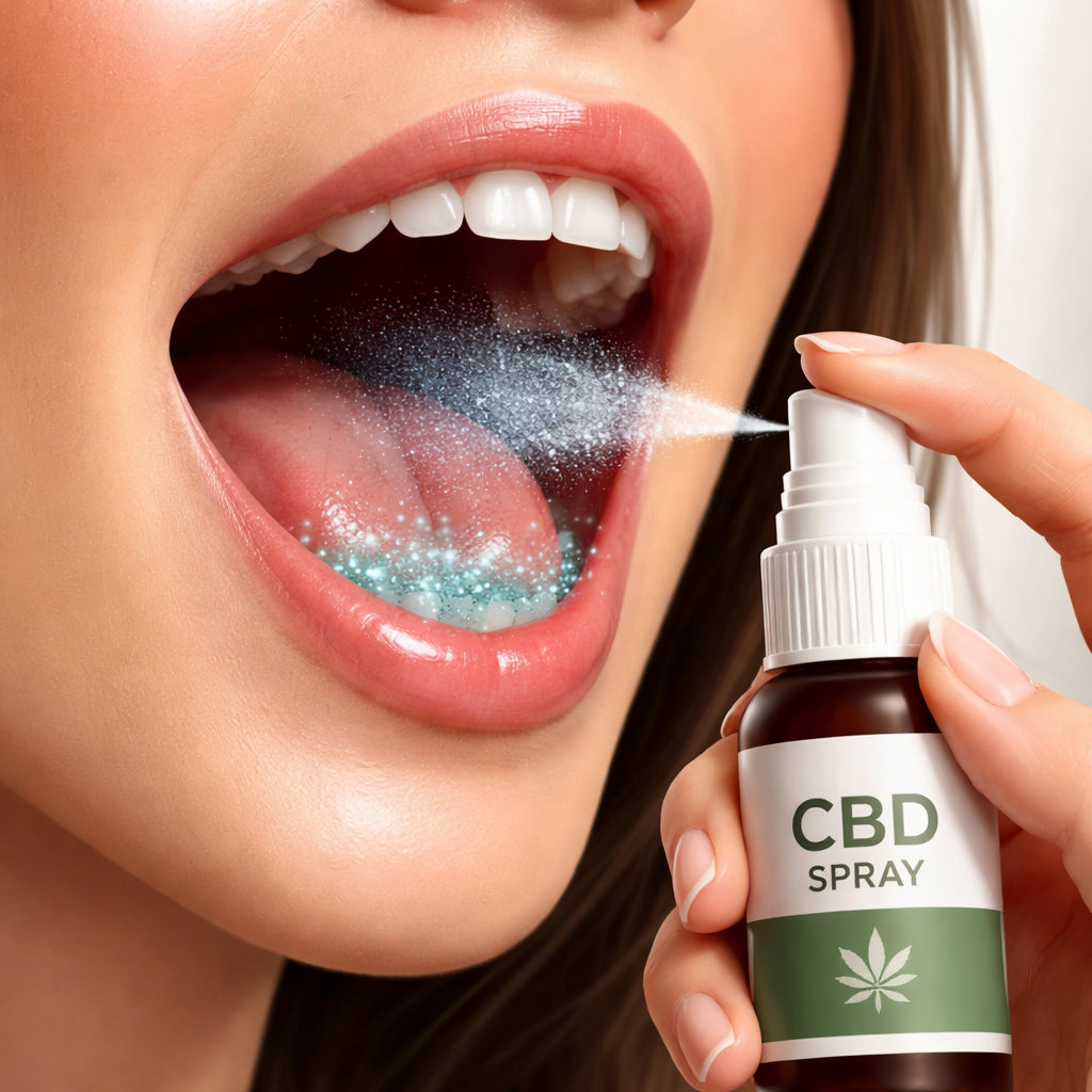 A realistic illustration of a sublingual CBD spray being held near a mouth, with droplets highlighted to show fast absorption. Alt: close‑up of oral spray absorption concept.