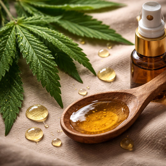 A realistic close‑up of natural hemp leaves, CBD droplets, and a wooden spoon on a soft fabric surface. Alt: cbd oral spray ingredients close up for bedtime routine