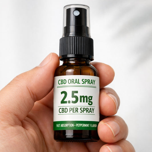 A photorealistic close-up of a CBD oral spray bottle being held by a hand, with a light background and soft shadows, emphasizing the label area. Alt: CBD oral spray bottle label showing concentration in mg per spray.