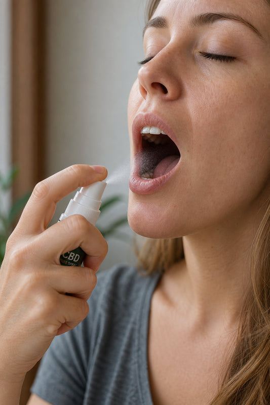 A photorealistic close-up of a person's hand holding a small spray bottle misting into an open mouth, with soft natural lighting and a calm expression. Alt: Woman using CBD oral spray for anxiety relief sublingually.