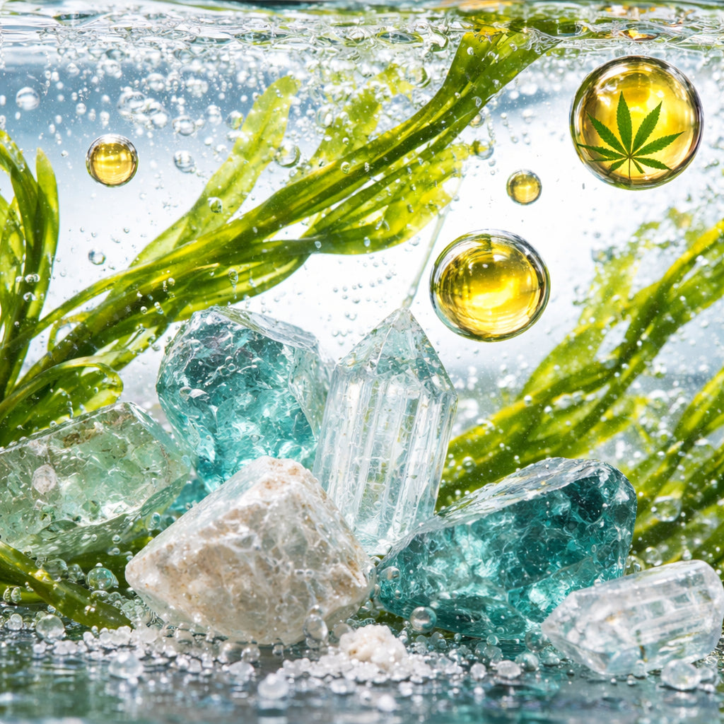 A realistic close‑up of natural mineral crystals and algae floating in a clear liquid, illustrating the ingredients in a CBD oral spray. Alt: mineral algae CBD spray ingredients