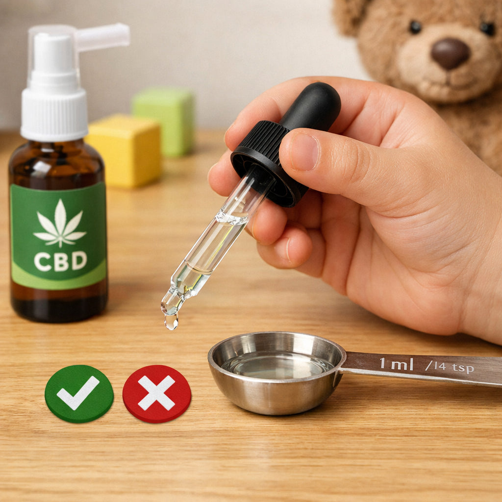 A realistic illustration of a child’s hand holding a dropper of clear liquid beside a measuring spoon, emphasizing safe dosing. Alt: child-friendly CBD oral spray dosing visual