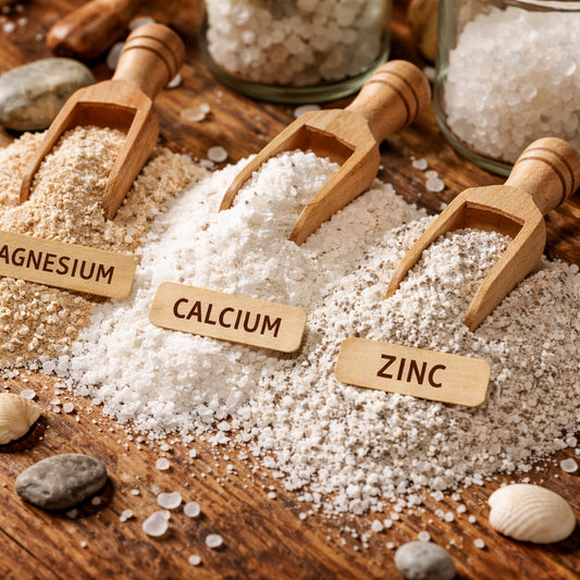 A realistic close‑up of natural minerals like magnesium, calcium, and zinc powders spilling onto a wooden surface, alt="Dead Sea minerals for oral health"