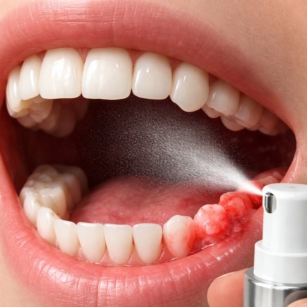 A realistic close‑up of a mouth with a subtle spray mist, showing healthy gums and teeth, alt text: “CBD oral spray interacting with oral tissues, showing normal and irritated areas.”