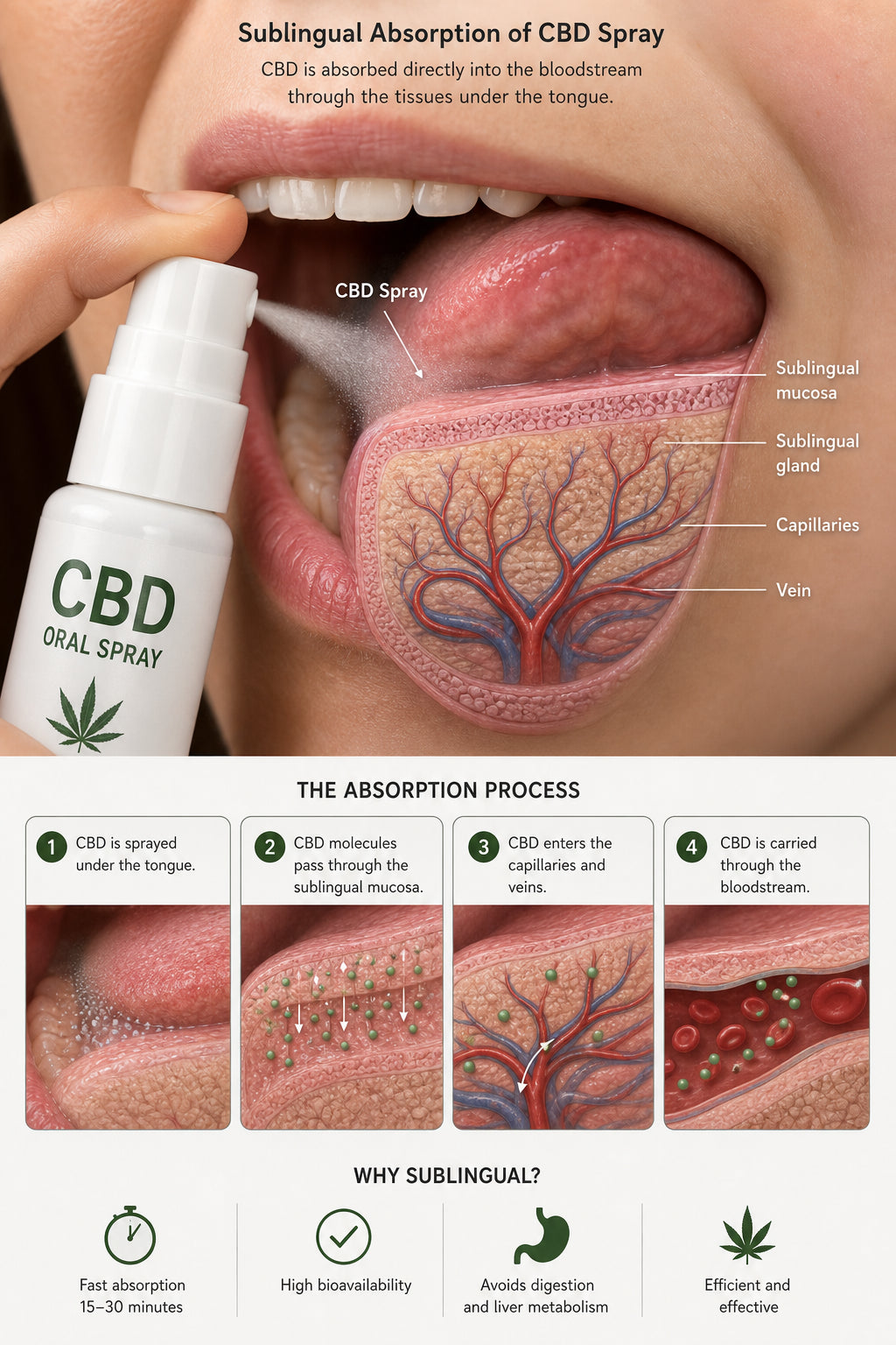 A photorealistic diagram showing the sublingual absorption process of CBD spray under the tongue, with cross-section of mouth tissues. Alt: Diagram of CBD oral spray absorption under tongue