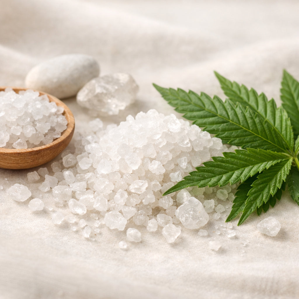 A realistic close‑up of natural minerals like Dead Sea salt crystals and hemp leaves on a soft background, showing texture and purity. Alt: natural mineral ingredients for oral care