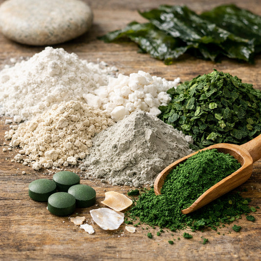 A realistic close‑up of natural mineral powders and algae particles spread on a wooden surface, illustrating clean, heavy‑metal‑free ingredients. Alt: mineral algae toothpaste ingredients, heavy‑metal‑free oral care