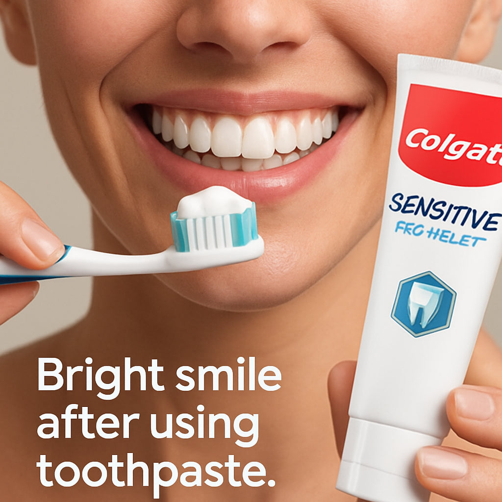 A close‑up of a smiling individual brushing with Colgate Sensitive Pro‑Relief toothpaste, showing a bright, clean tooth surface. Alt: Bright smile after using toothpaste
