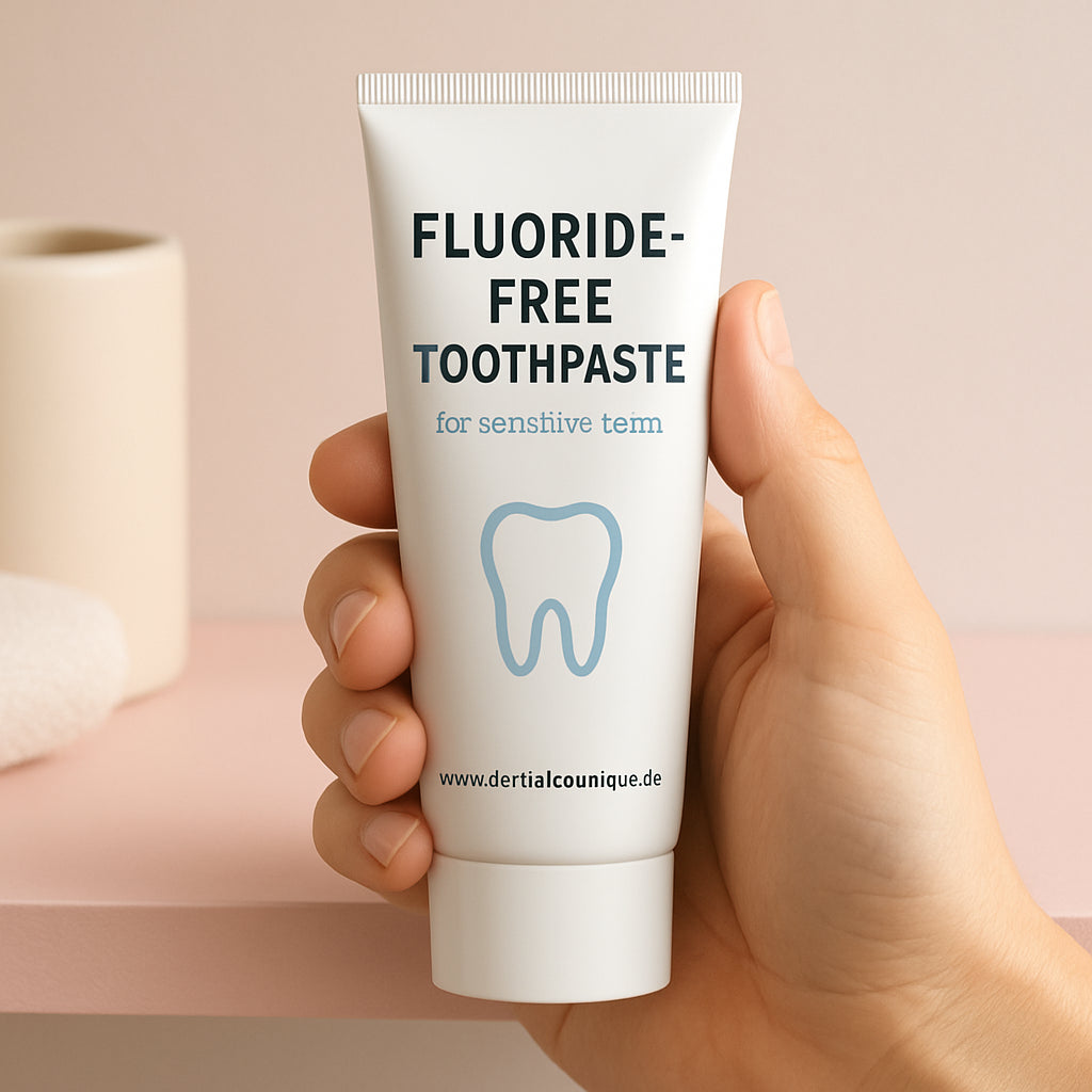 Close‑up of a hand holding a fluoride‑free toothpaste tube on a soft pastel bathroom shelf. Alt: fluoride‑free toothpaste for sensitive teeth