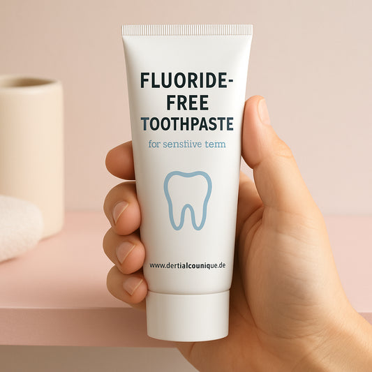 Close‑up of a hand holding a fluoride‑free toothpaste tube on a soft pastel bathroom shelf. Alt: fluoride‑free toothpaste for sensitive teeth