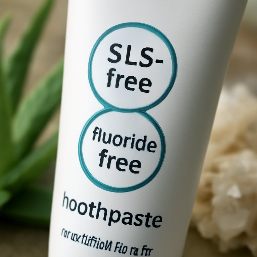 A close‑up of a toothpaste tube label highlighting “SLS‑free” and “fluoride‑free” badges, with a soft, natural background of aloe leaves and mineral crystals. Alt: toothpaste without sodium lauryl sulfate and fluoride label details